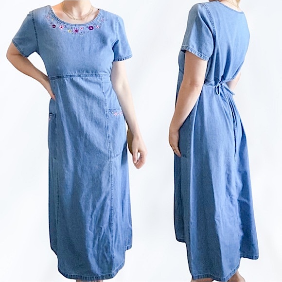 Vintage‎ Embroidered Floral Denim Short Sleeve Tie Maxi Dress - Size M - Picture 1 of 12